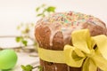 The Easter cake is decorated with a bow of yellow ribbon. On the table are laid out painted eggs