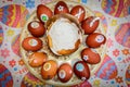 Easter cake and decorated chicken eggs laid out on a plate. Easter tradition: chicken eggs are exchanged and they say: `Jesus is Royalty Free Stock Photo