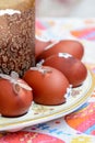 Easter cake and decorated chicken eggs laid out on a plate. Easter tradition: chicken eggs are exchanged and they say: `Jesus is Royalty Free Stock Photo