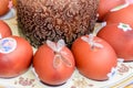 Easter cake and decorated chicken eggs laid out on a plate. Easter tradition: chicken eggs are exchanged and they say: Royalty Free Stock Photo