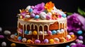 Easter cake, decorated with glaze and colored sweets