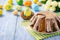 Easter cake on easter festive table. Copy space.