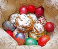 Easter cake with eggs in a basket for Easter, Christian holiday Royalty Free Stock Photo
