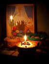 Easter cake and eggs with candles and picture