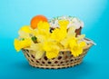 Easter cake, eggs and flowers in basket Royalty Free Stock Photo