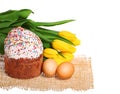 Easter cake and eggs with flowers isolated on white Royalty Free Stock Photo