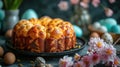 Easter cake, easter eggs and spring flowers on dark background Royalty Free Stock Photo