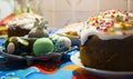 Easter cake and Easter eggs traditional decoration and attributes . Happy easter