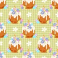 Easter cake with flower, candle and egg on green chequered background. Seamless pattern for textile, wrapping paper, postcards Royalty Free Stock Photo