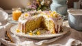 Easter cake, flowers on the background cream baked decorated gourmet biscuit