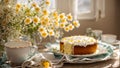 Easter cake, flowers on the background cream delicious traditional delicious culture