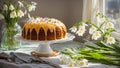 Easter cake flowers background of the kitchen sweet kulich dessert