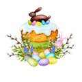 Easter cake with icing decorated with chocolate hare, eggs and willow.