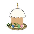 Easter cake isolated on white background. Hand drawn Happy Easter symbol. Paschal cake with candle on plate. Holiday