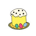 Easter cake isolated on white background. Hand drawn Happy Easter symbol. Paschal cake with candle on plate. Holiday