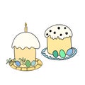 Easter cake isolated on white background. Hand drawn Happy Easter symbol. Paschal cake with candle on plate. Holiday