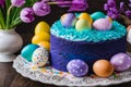 Easter cake, kulich, painted watercolor easter eggs and spring flowers on the background