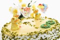 Easter cake, Marzipan cake with pistachio and chick figurines