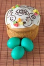 Easter cake and painted eggs on a napkin