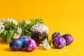 Easter cake, painted eggs and a sprig of a blooming pear on a yellow monochrome background