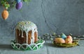 easter cake with painted eggs, sugar icing and willow branches Royalty Free Stock Photo