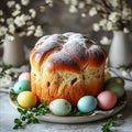 Easter cake with painted eggs on the table Royalty Free Stock Photo