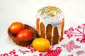 Easter cake and painted eggs on a towel with embroidery