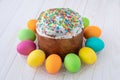 Easter cake and painted multicolored eggs on white wooden boards. Paschal greeting postcard. Light background, planks texture