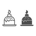 Easter cake on plate with candle line and solid icon. Traditional paschal dessert outline style pictogram on white