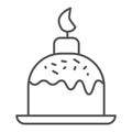 Easter cake on plate with candle thin line icon. Traditional paschal dessert outline style pictogram on white background