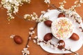 easter cake and red eggs on rustic wooden table. Top view. Royalty Free Stock Photo