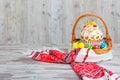 Happy Easter! Easter Cake - Russian and Ukrainian traditional kulich and colorful eggs in a wicker basket on an embroidered towel. Royalty Free Stock Photo