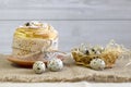 Easter Cake - Russian and Ukrainian Traditional Kulich with easter eggs on a light wood background Bread Selective focus Royalty Free Stock Photo