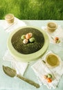 Easter cake with tea matcha decorated chocolate ganache and sweet-stuff eggs Royalty Free Stock Photo