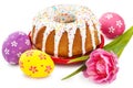 Easter cake, tulip and colorful eggs