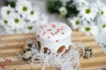 Easter cake with white icing stands on a board with quail eggs and white flowers Royalty Free Stock Photo