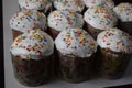 Easter cakes with candied fruit, icing and sprinkles, fresh, side view