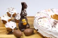 Easter cakes, chocolate Bunny and chocolate eggs