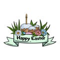 Easter cakes with a church candle, eggs, flowers and grass, ribbon and the text Happy Easter. Illustration for card