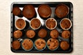 Easter cakes, crispy brown in small, varied, round shapes. Stage of baked, ready-made yeast dough products with raisins