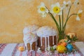 Easter cakes in glaze with eggs and flowers, easter table with three easter cakes with pysanky and daffodils and lamb Royalty Free Stock Photo