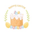 Easter cakes and spring flowers bouquet greeting card. Happy Easter card. Vector stock illustration. Cartoon style