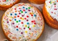 Easter cakes, top view. Decorated Kulich.