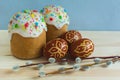 Easter cakes with traditional painted eggs and willow catkins. E