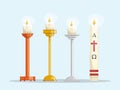 Easter candle and different candlesticks. Wood, gold and silver. Paschal season