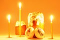 Easter candle, eggs and cake Royalty Free Stock Photo