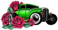 Easter car. Retro automobile driving a bouquet of tulips. Hand drawn vector illustration.