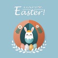 Vector spring Easter greeting card with a cute rabbit or hare, painted eggs, branches Royalty Free Stock Photo