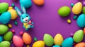 Easter card with blue cartoon bunny and easter eggs, purple backdrop. Place for text