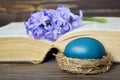 Easter card with blue Easter egg and hyacinth flower Royalty Free Stock Photo